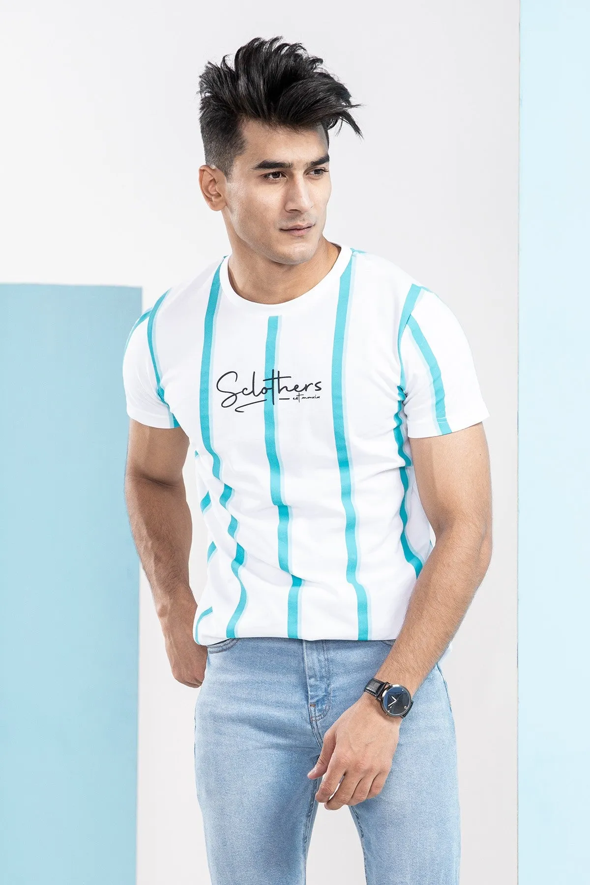 Aqua White Fusion Striped T-Shirt - S21 - MT0067R