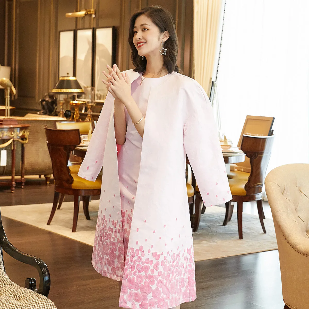 Autumn winter jacquard round neck long sleeve coat- Titi