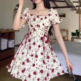 Berry Basket Interwoven With Wild Summer Roses Kawaii Academia Y2K Cottagecore Coquette Fairycore Dollette Princesscore Mini Dress