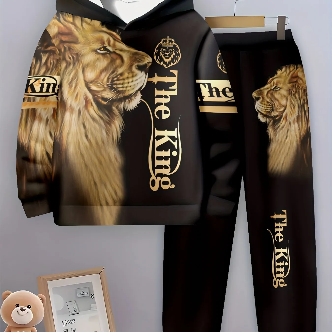 Boys' 3D Lion Print Hoodie & Joggers Set - Casual, Comfy Polyester Outfit for Spring/Fall, New Style, Sports, Perfect for Outdoor