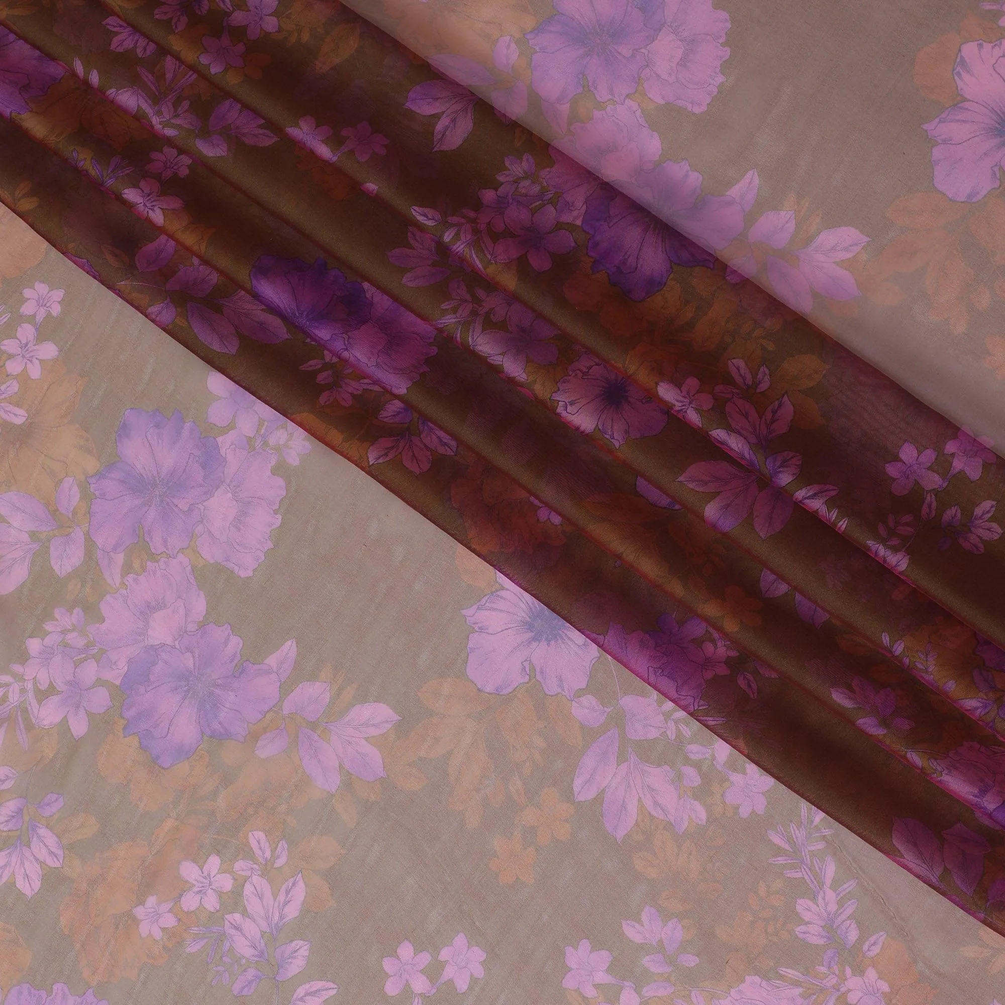 Brown, olive green two tone premium pure silk chiffon fabric with same tone, purple print in floral design-D10636