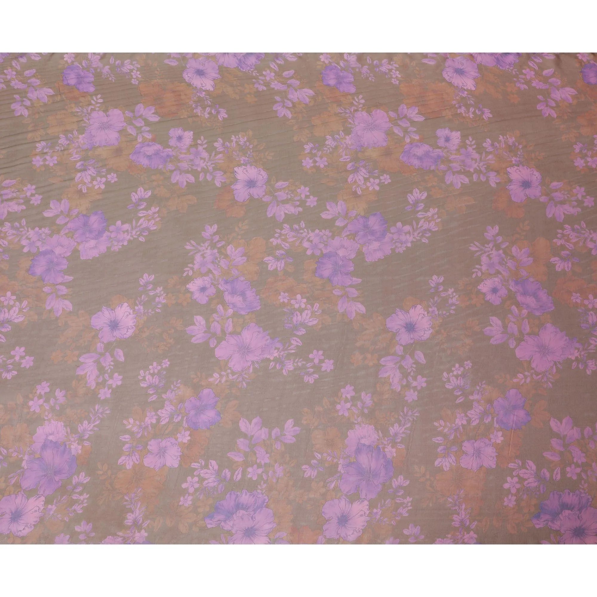 Brown, olive green two tone premium pure silk chiffon fabric with same tone, purple print in floral design-D10636
