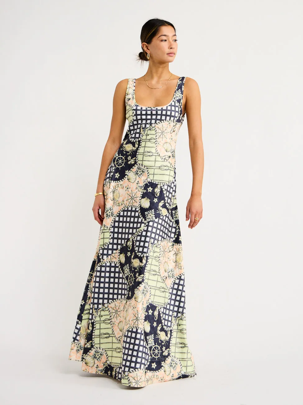 By Nicola Beneath The Stars Bias Cut Slip Dress in Geo/Nautical