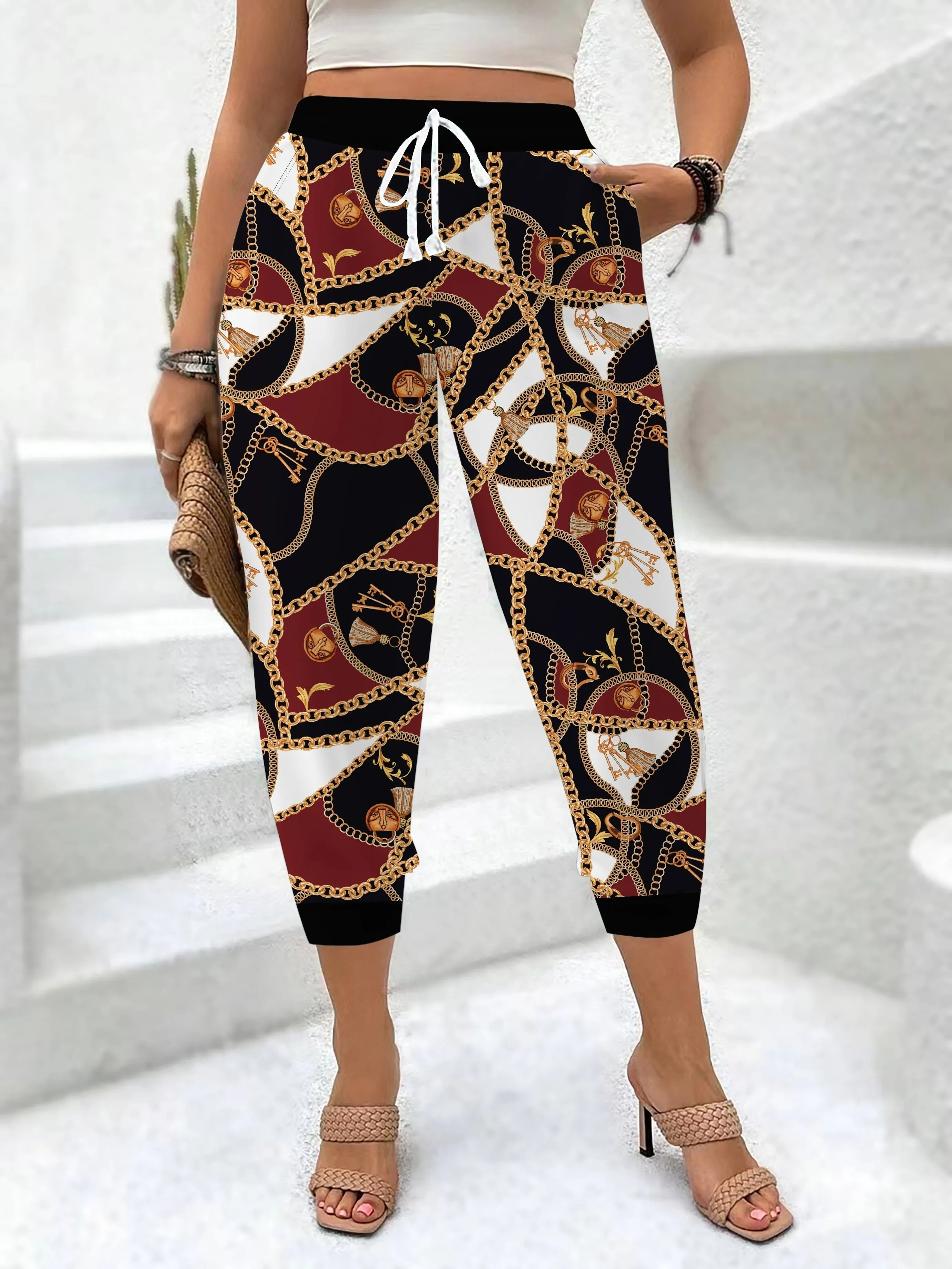 Chain Print Drawstring Jogger Pants, Casual & Versatile High Waist Pants For Spring & Summer, Women's Clothing
