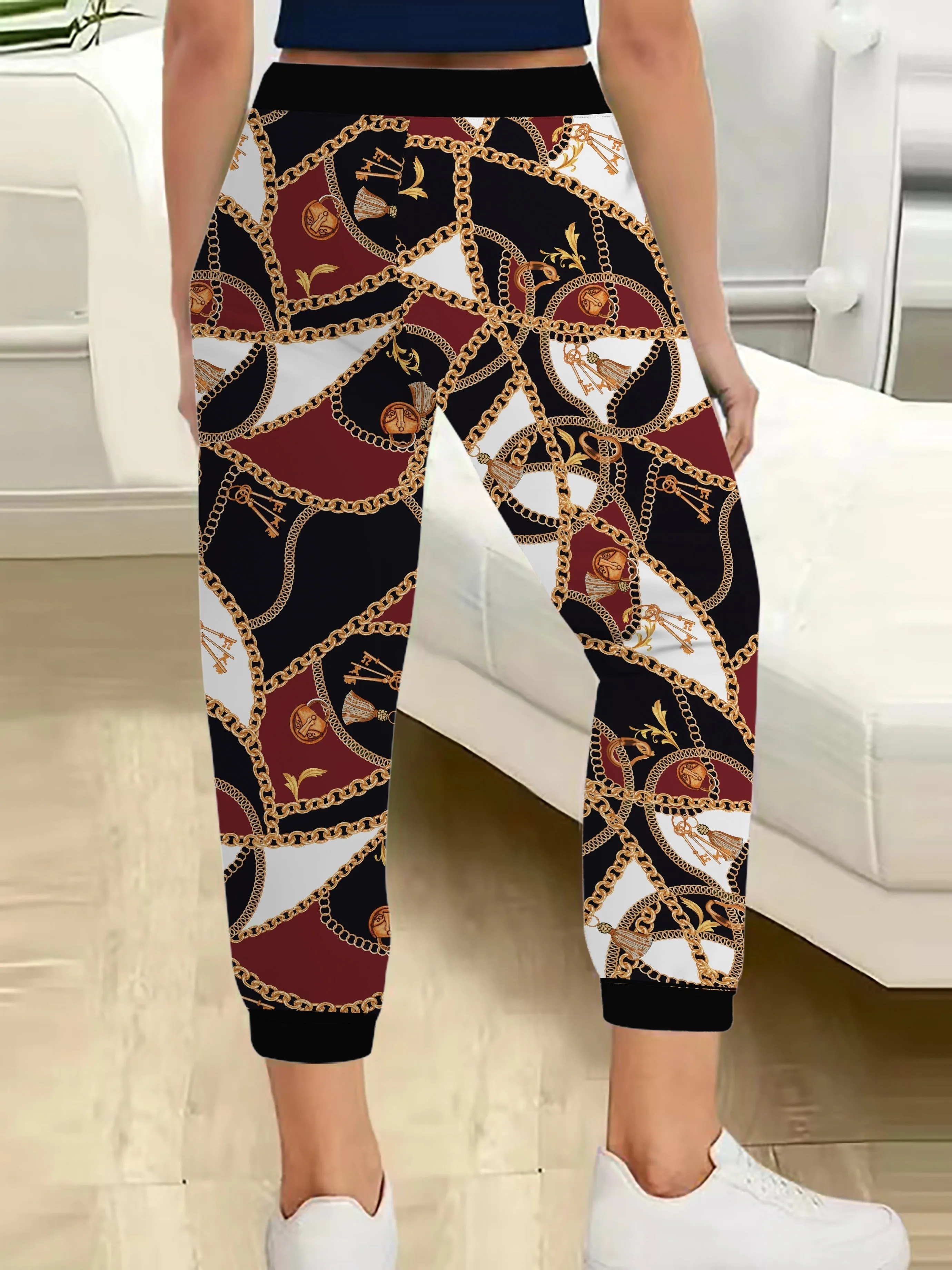 Chain Print Drawstring Jogger Pants, Casual & Versatile High Waist Pants For Spring & Summer, Women's Clothing