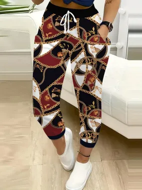 Chain Print Drawstring Jogger Pants, Casual & Versatile High Waist Pants For Spring & Summer, Women's Clothing