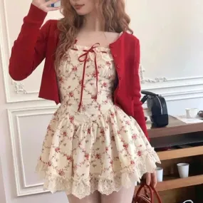 Cherry Rouge Rosebuds                 Dress with Optional Cardigan Top Set Kawaii Academia Y2K Cottagecore Coquette Fairycore Dollette Princesscore