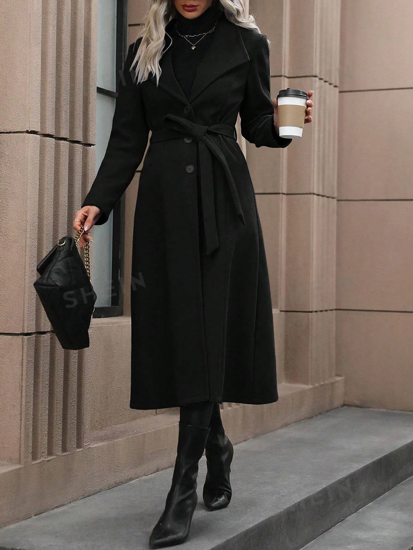 Clasi Waterfall Collar Belted Overcoat