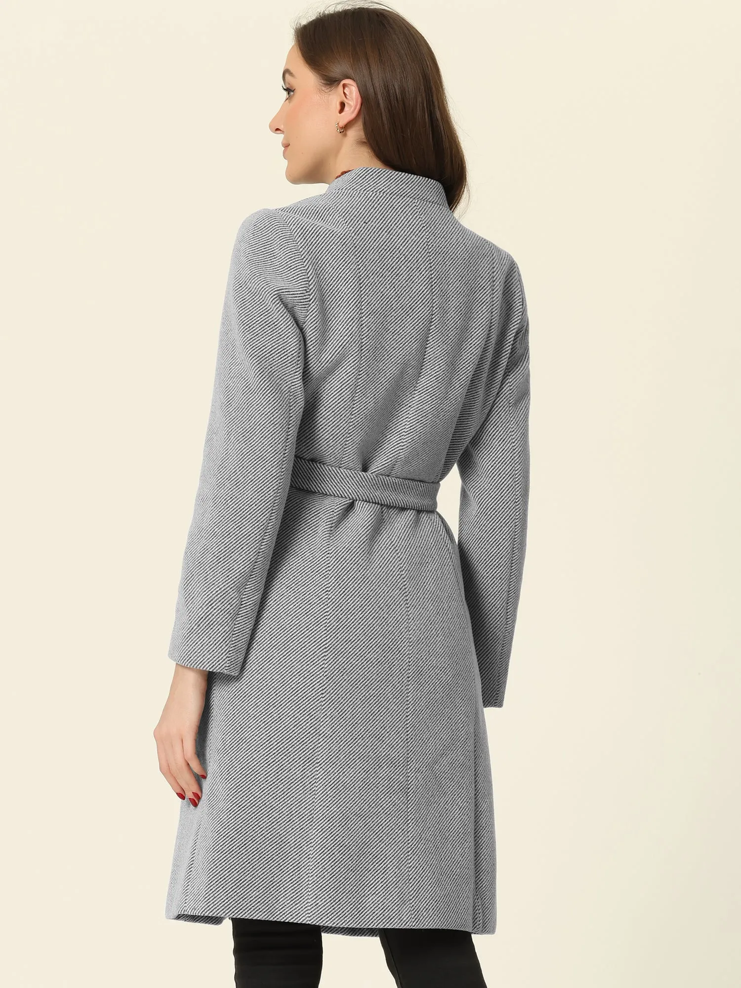 Collarless Single Breasted Outwear Tie Waist Elegant Winter Coats