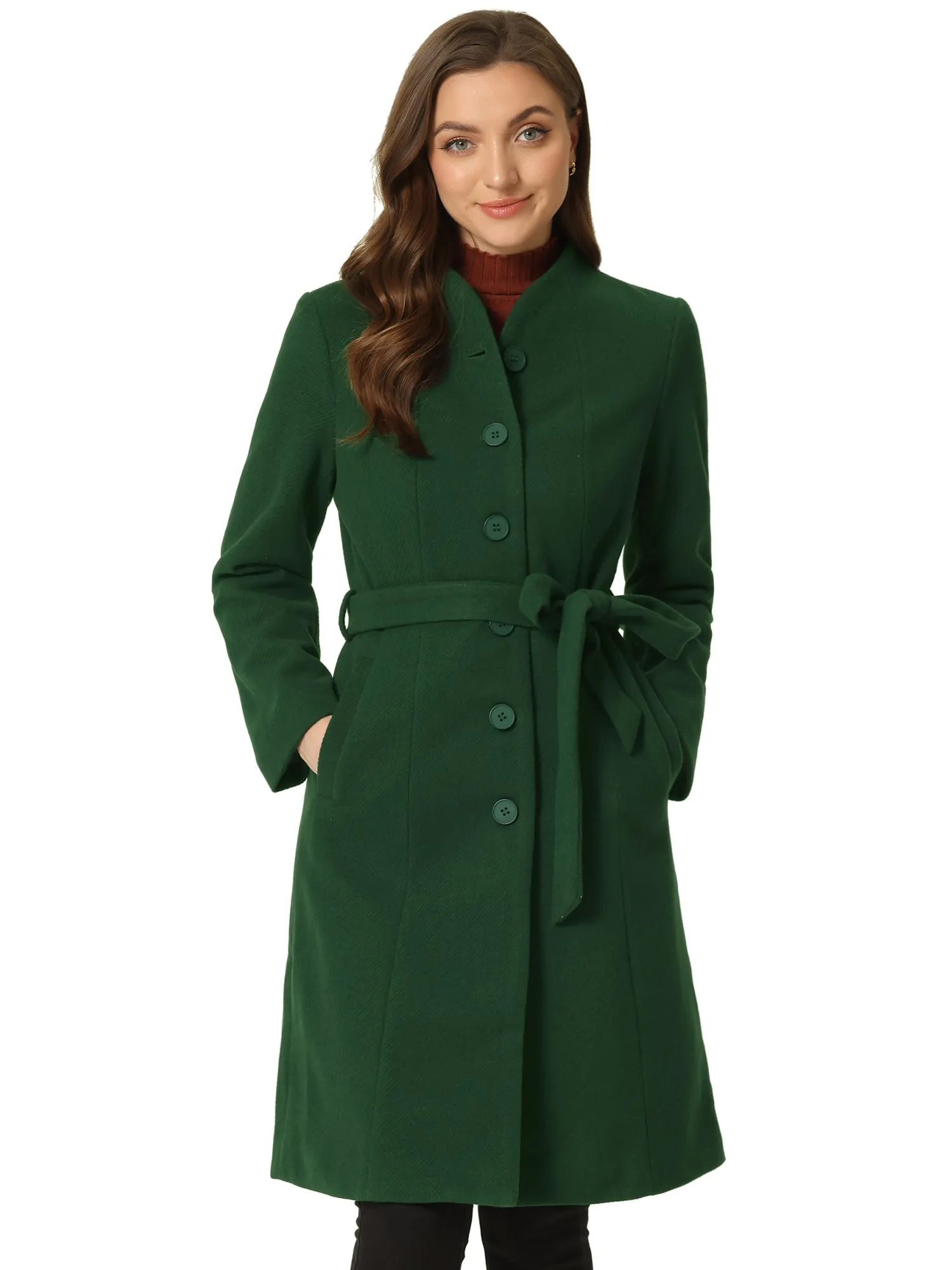 Collarless Single Breasted Outwear Tie Waist Elegant Winter Coats