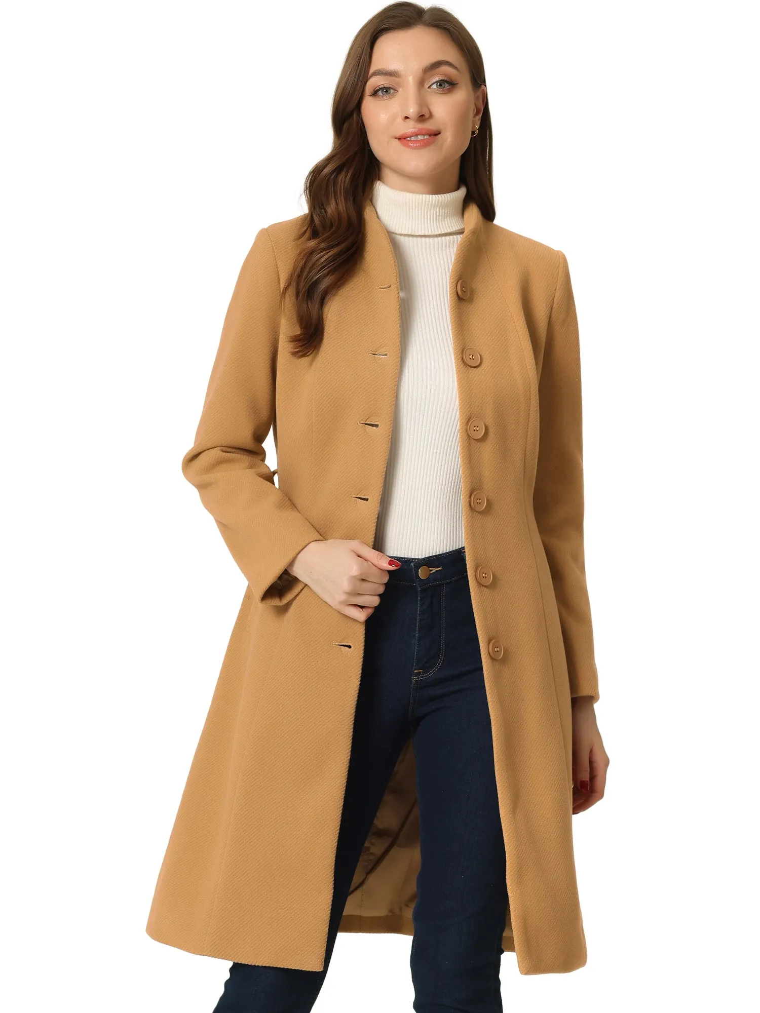 Collarless Single Breasted Outwear Tie Waist Elegant Winter Coats