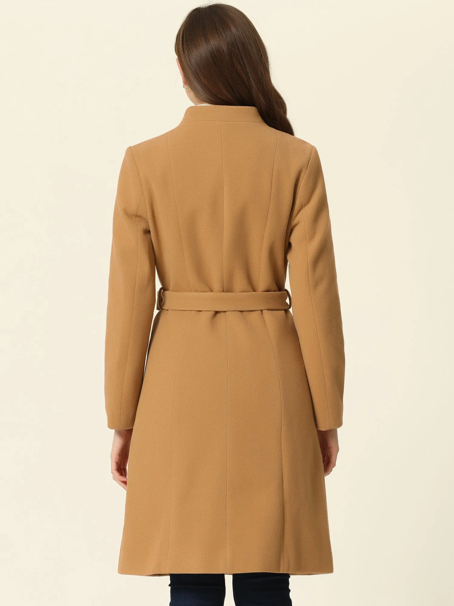 Collarless Single Breasted Outwear Tie Waist Elegant Winter Coats