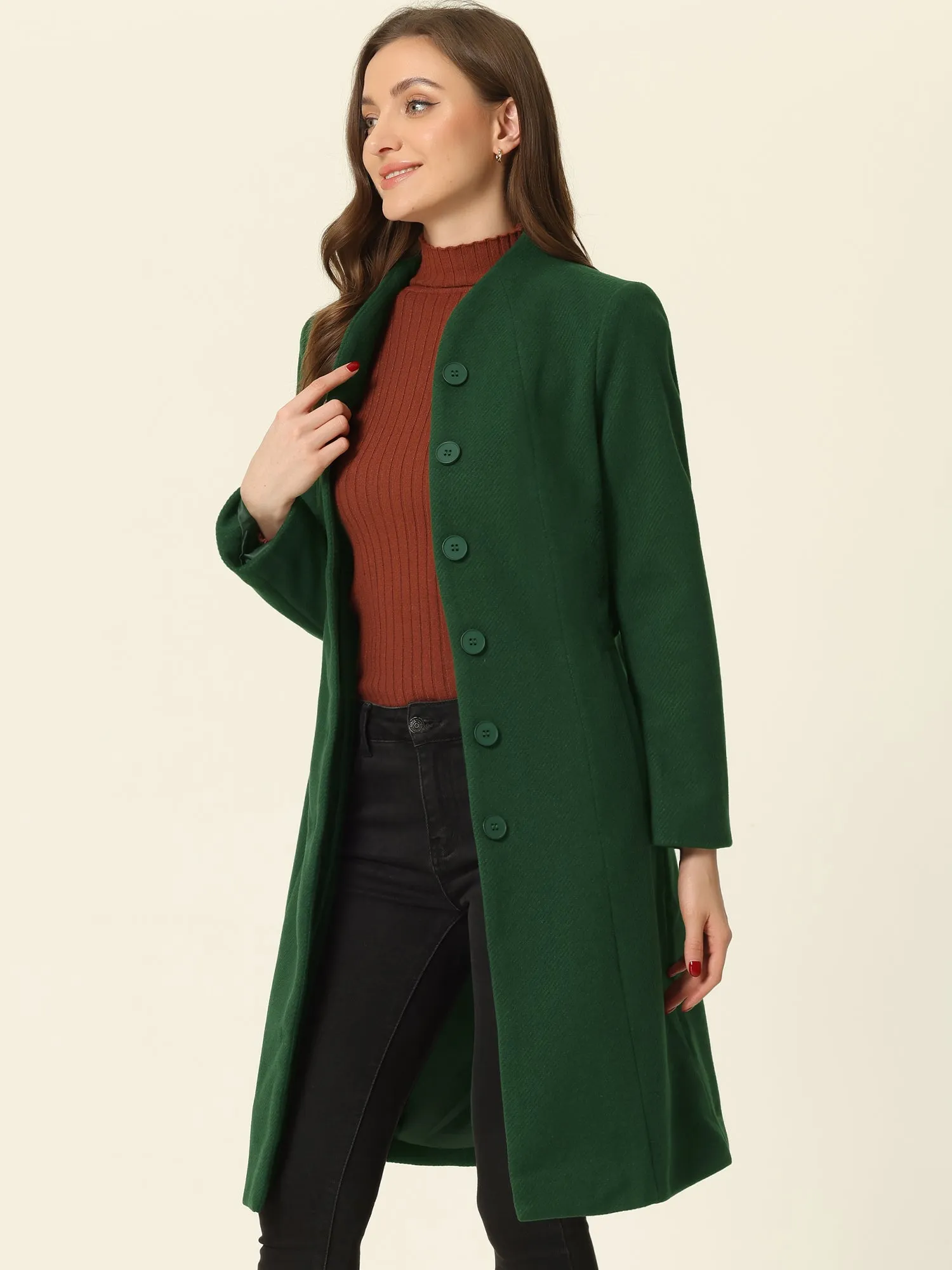 Collarless Single Breasted Outwear Tie Waist Elegant Winter Coats