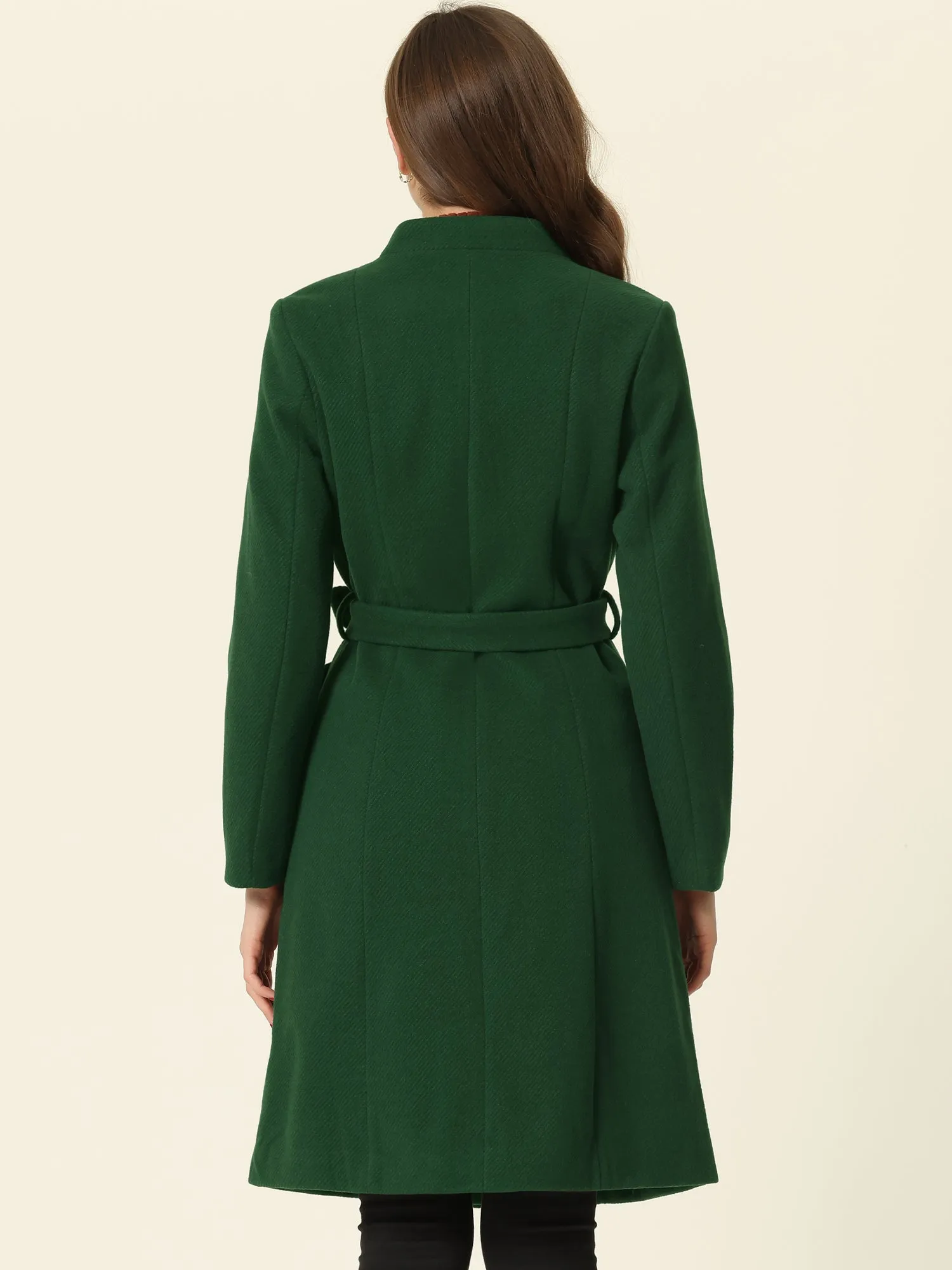 Collarless Single Breasted Outwear Tie Waist Elegant Winter Coats