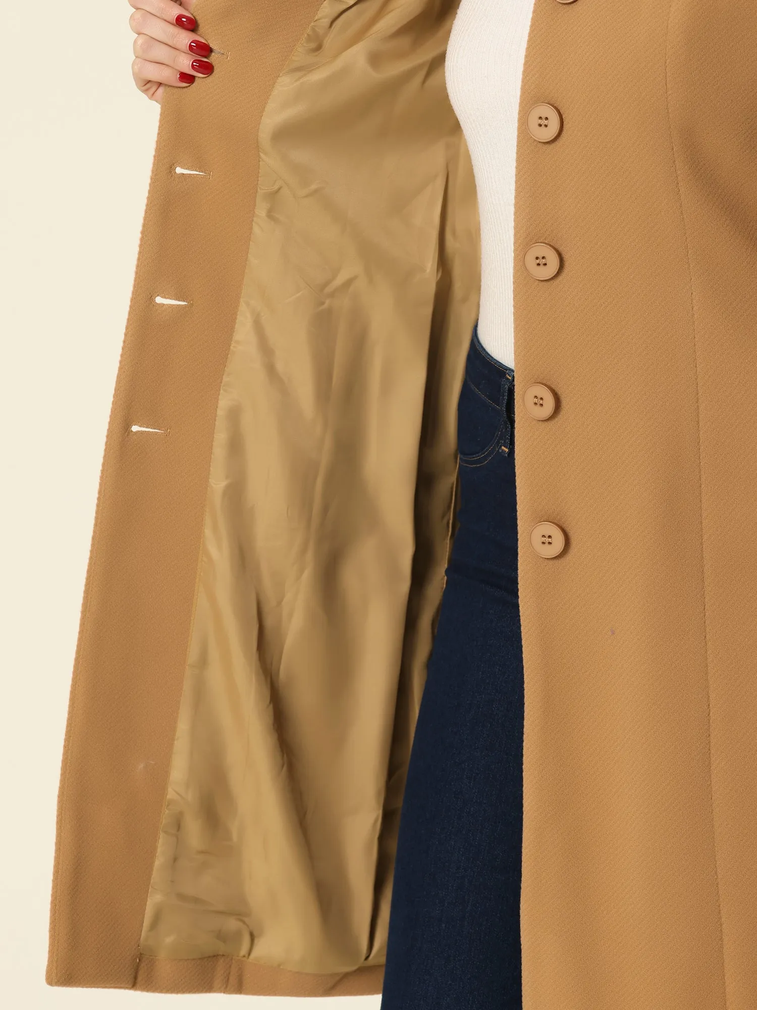 Collarless Single Breasted Outwear Tie Waist Elegant Winter Coats