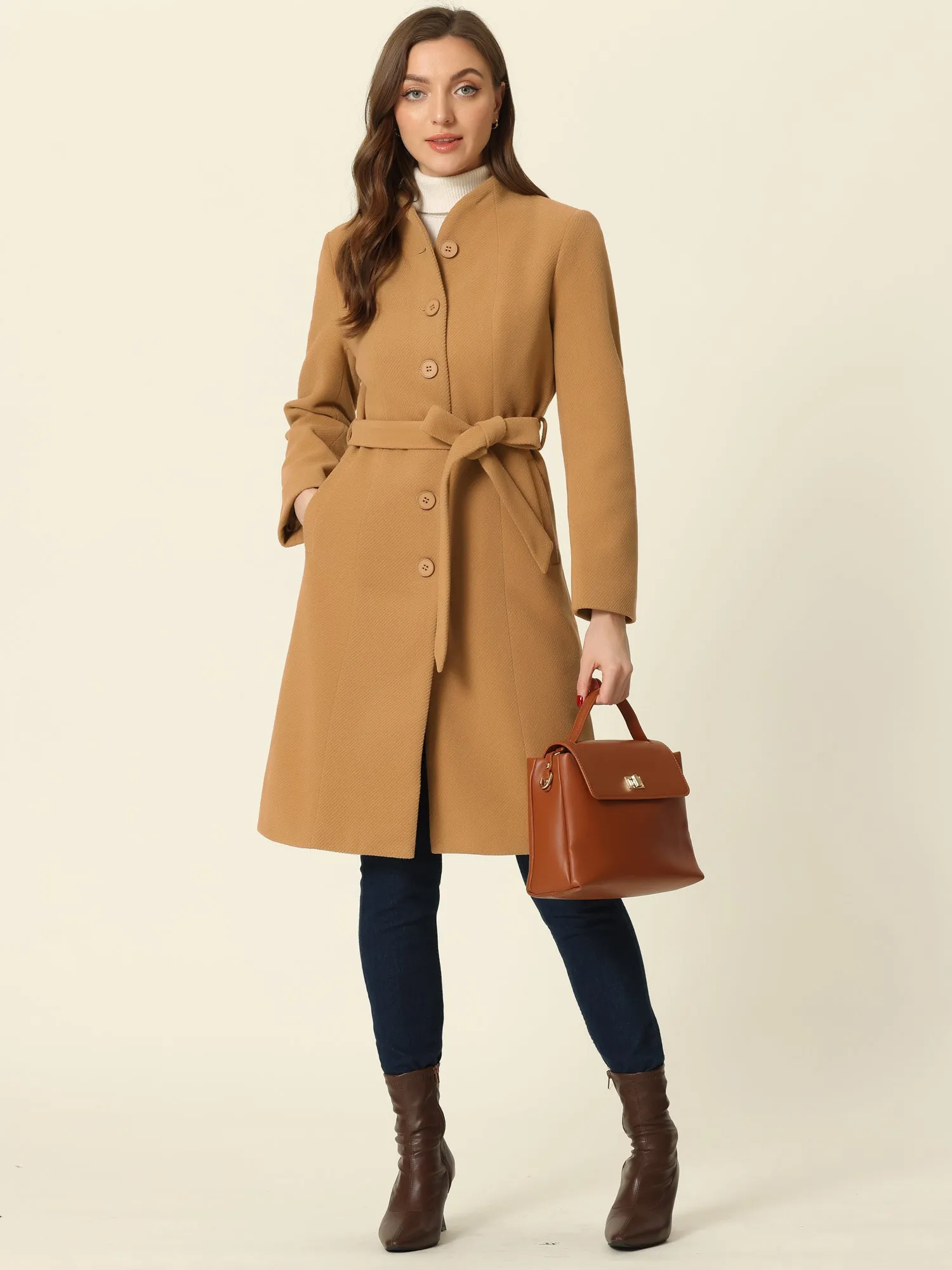 Collarless Single Breasted Outwear Tie Waist Elegant Winter Coats