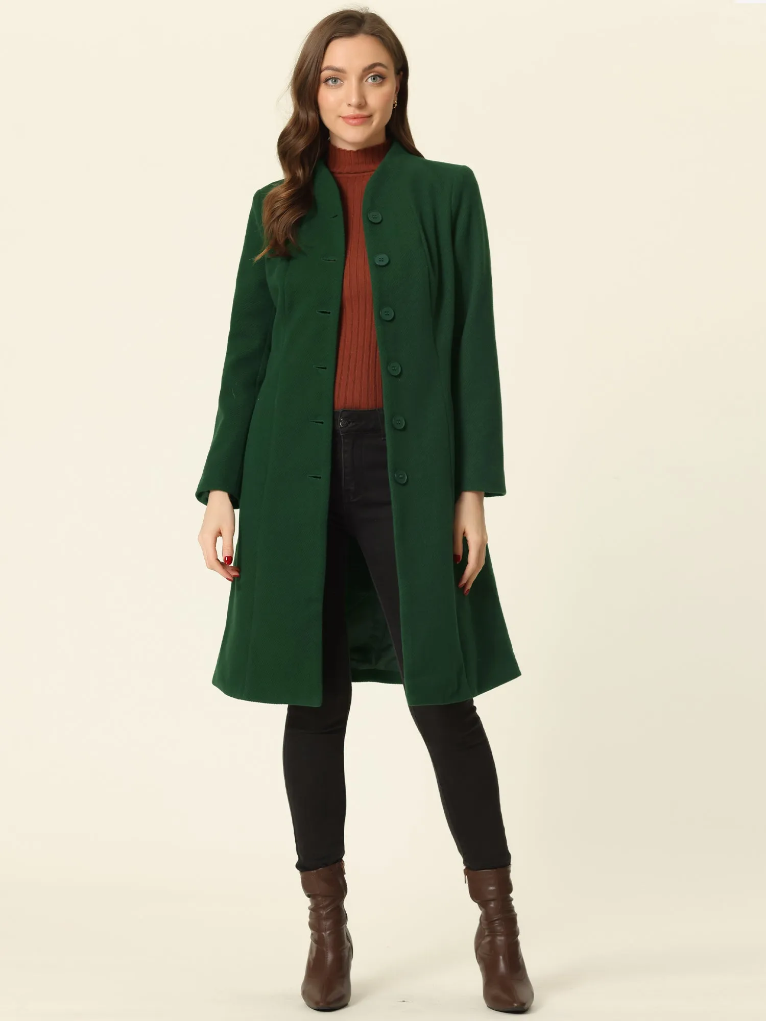 Collarless Single Breasted Outwear Tie Waist Elegant Winter Coats