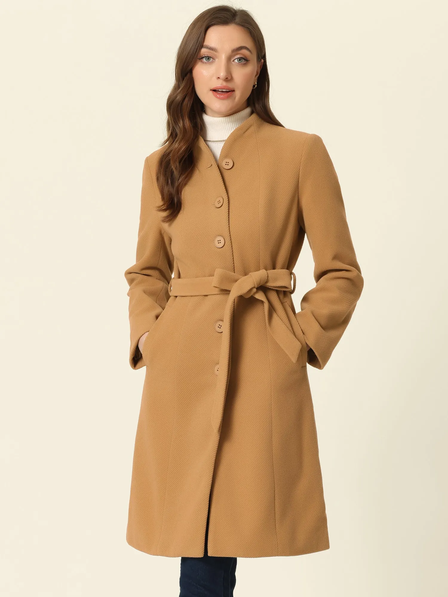 Collarless Single Breasted Outwear Tie Waist Elegant Winter Coats
