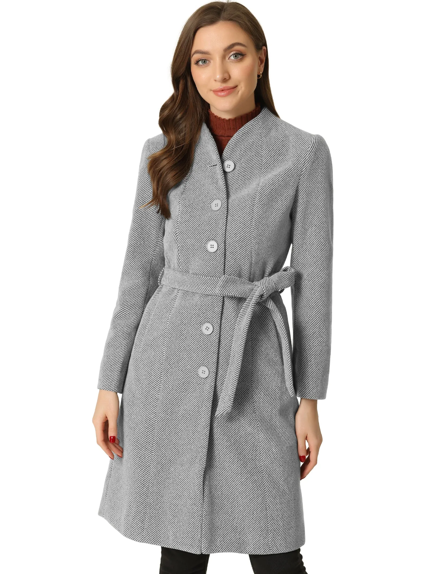 Collarless Single Breasted Outwear Tie Waist Elegant Winter Coats