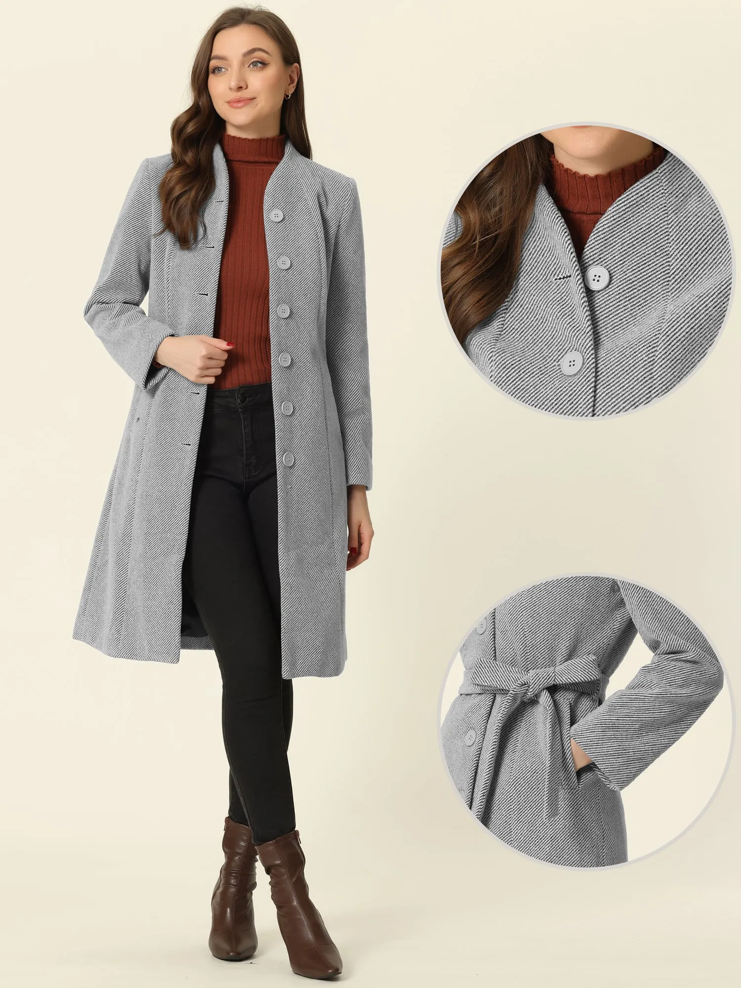 Collarless Single Breasted Outwear Tie Waist Elegant Winter Coats