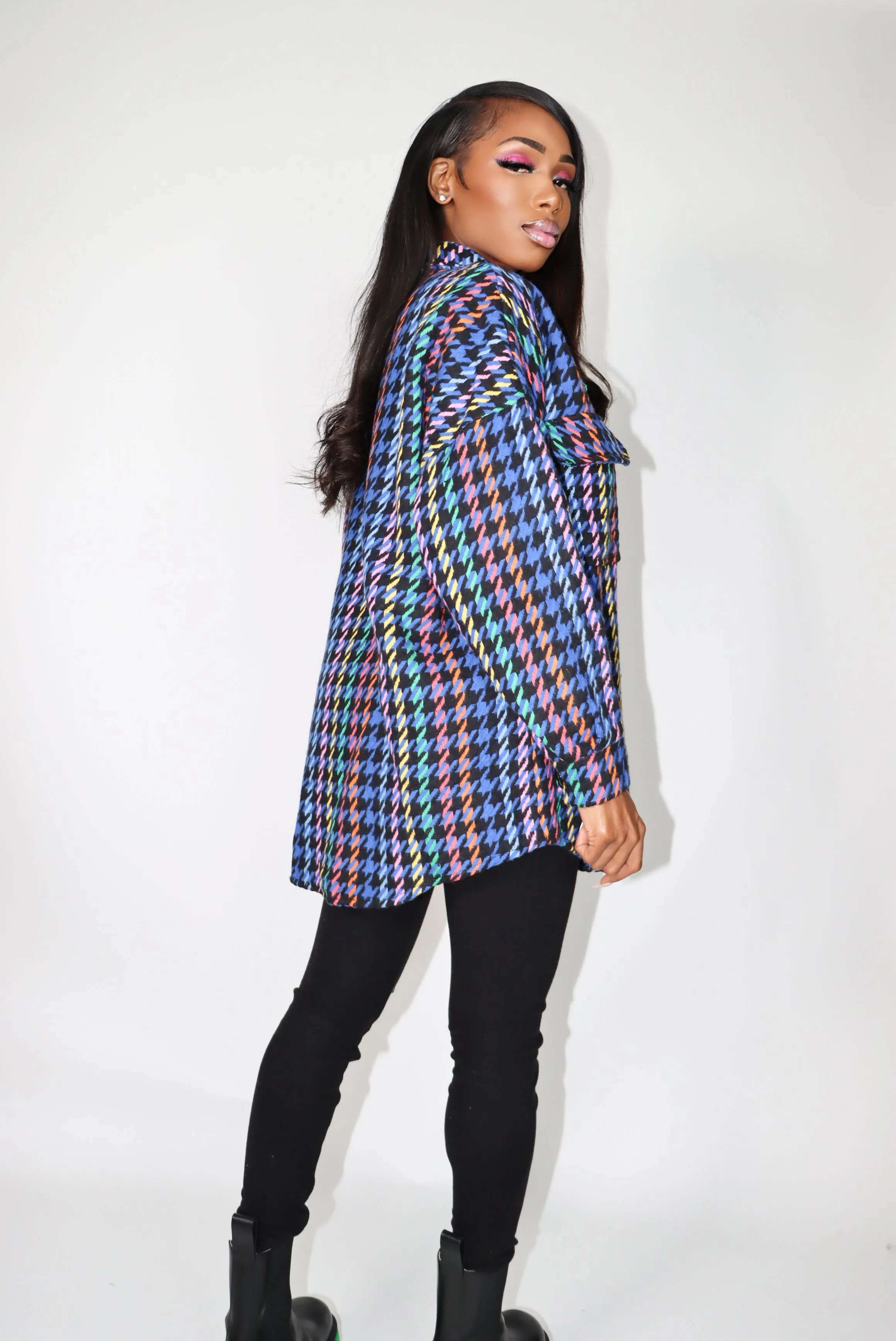 Colorful Houndstooth Tweed Shacket