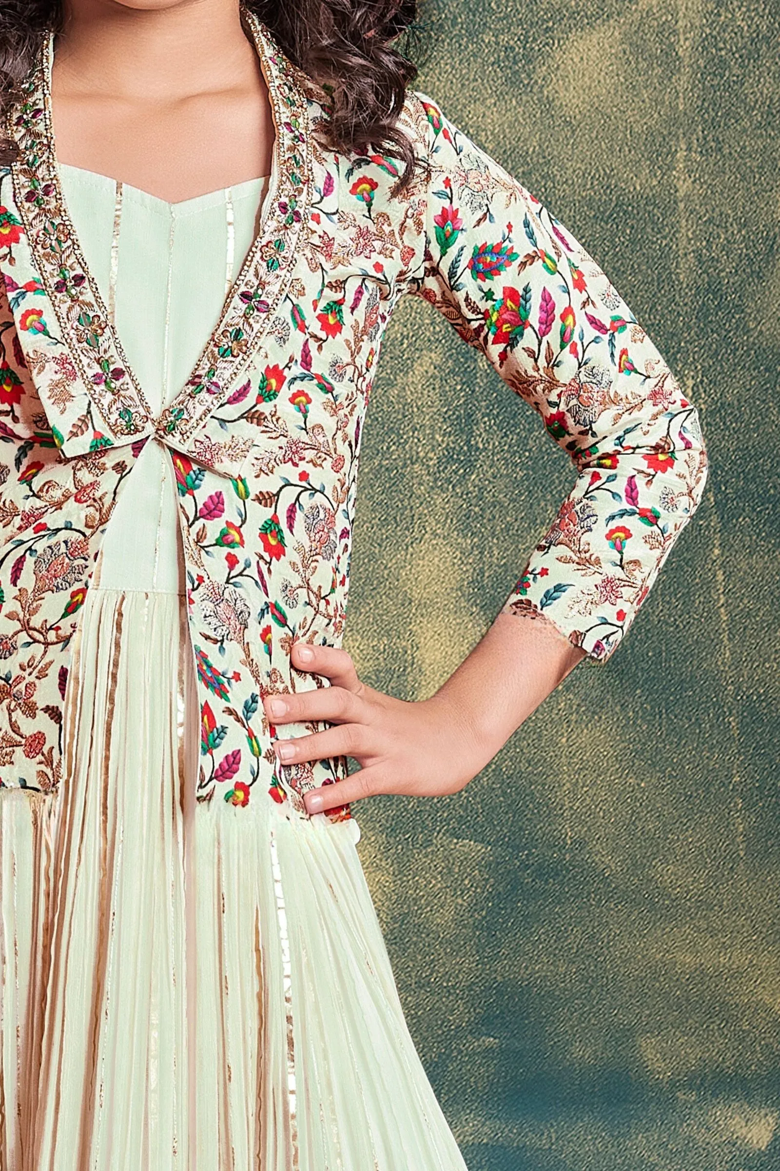 Cream Multicolor Digital Print Overcoat Styled Long Party Gown for Girls