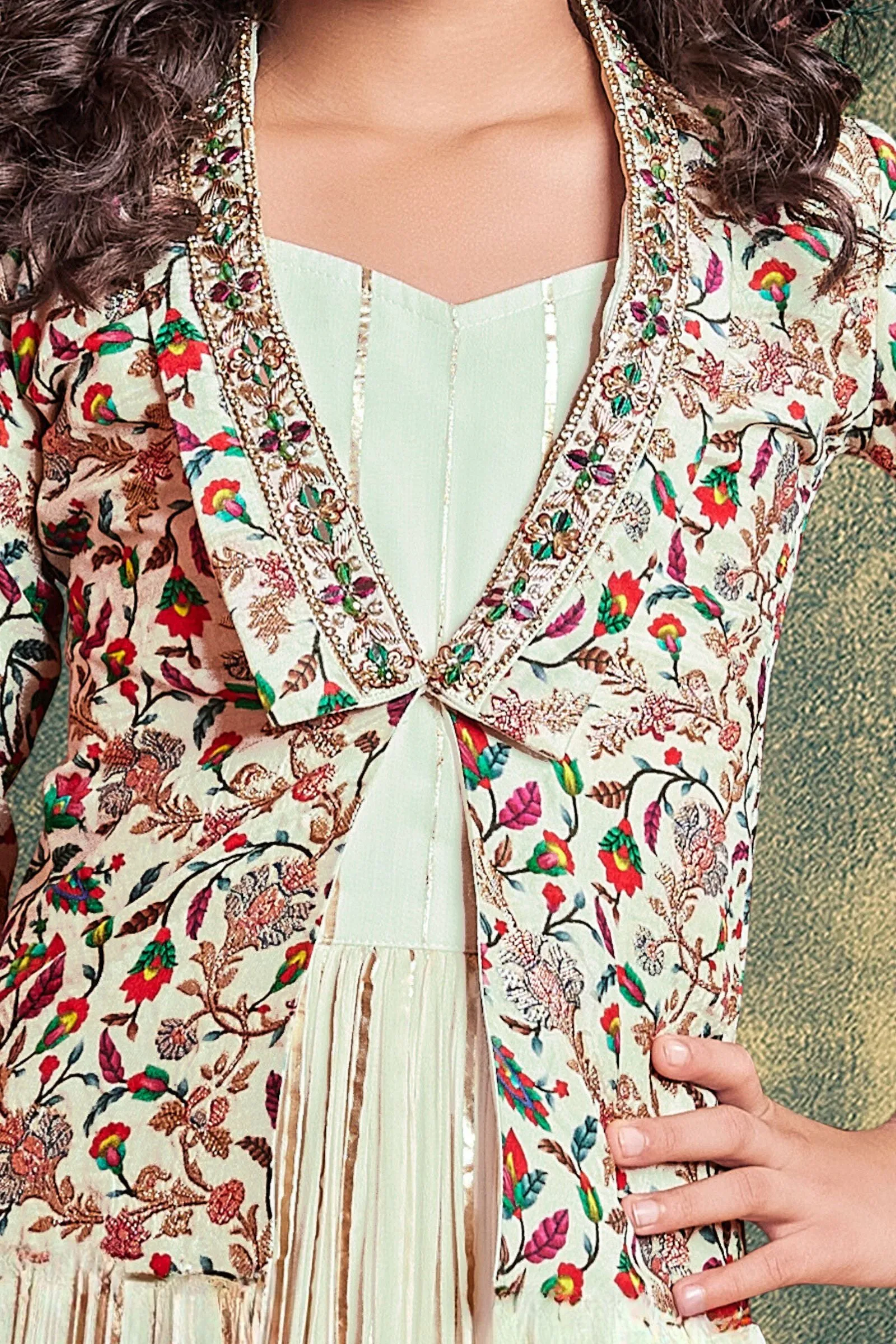 Cream Multicolor Digital Print Overcoat Styled Long Party Gown for Girls