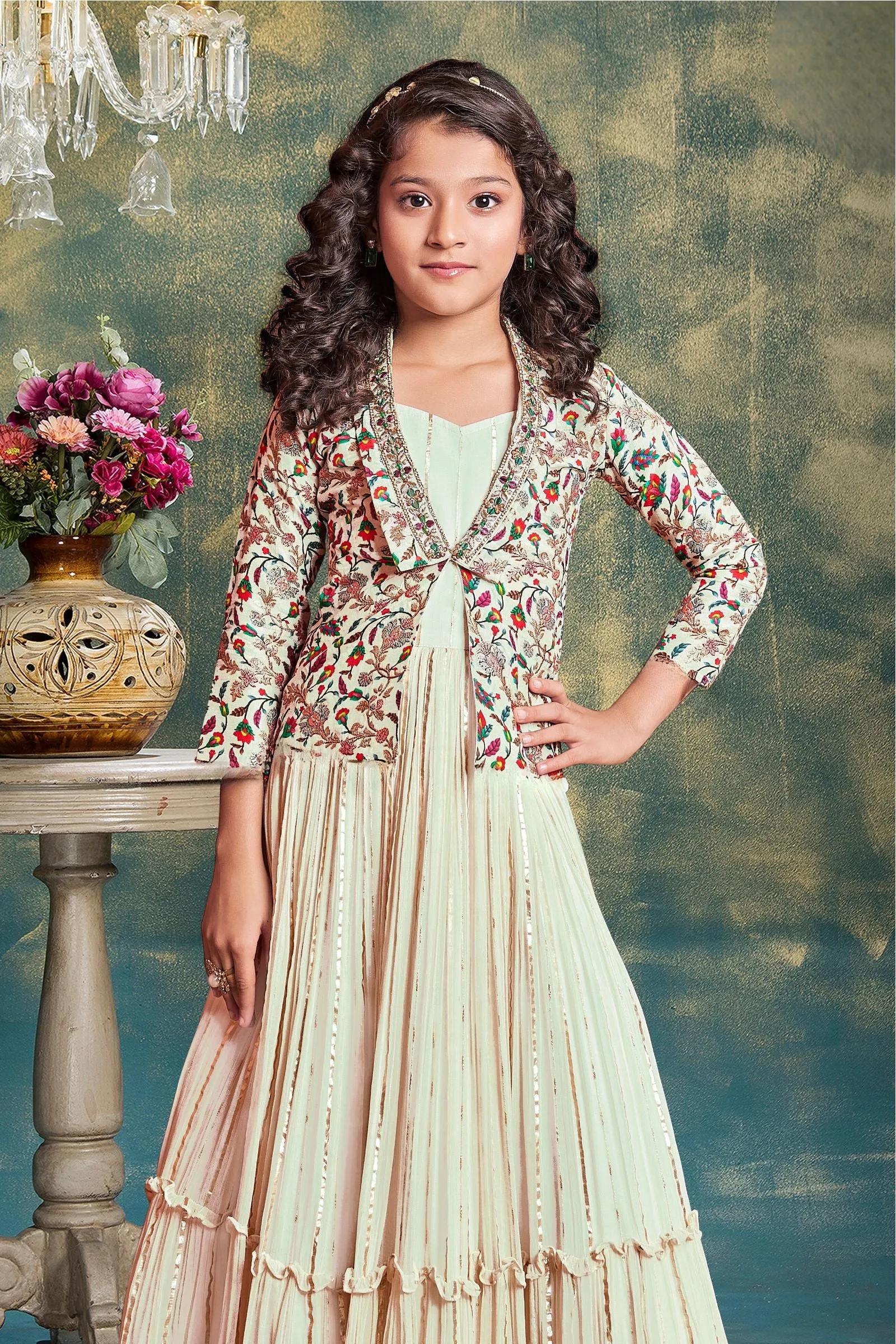 Cream Multicolor Digital Print Overcoat Styled Long Party Gown for Girls