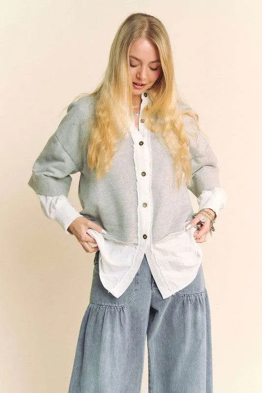 Davi & Dani Faux Layered French Terry Contrast Top In Grey