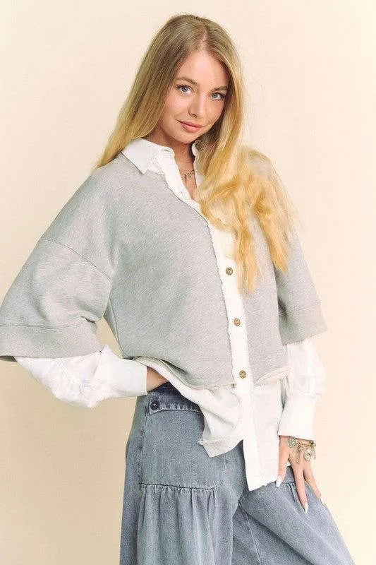 Davi & Dani Faux Layered French Terry Contrast Top In Grey