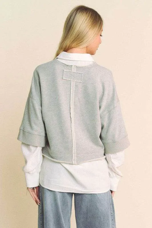 Davi & Dani Faux Layered French Terry Contrast Top In Grey