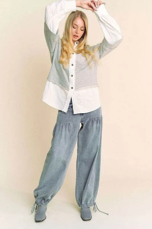 Davi & Dani Faux Layered French Terry Contrast Top In Grey