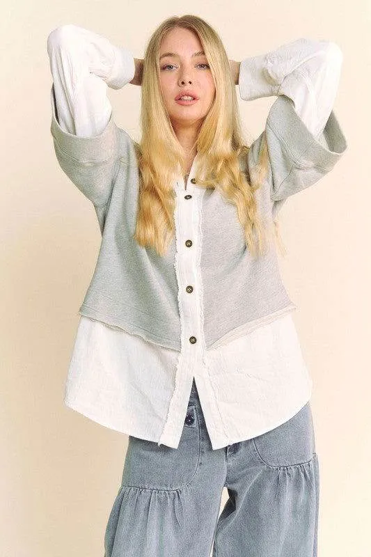Davi & Dani Faux Layered French Terry Contrast Top In Grey