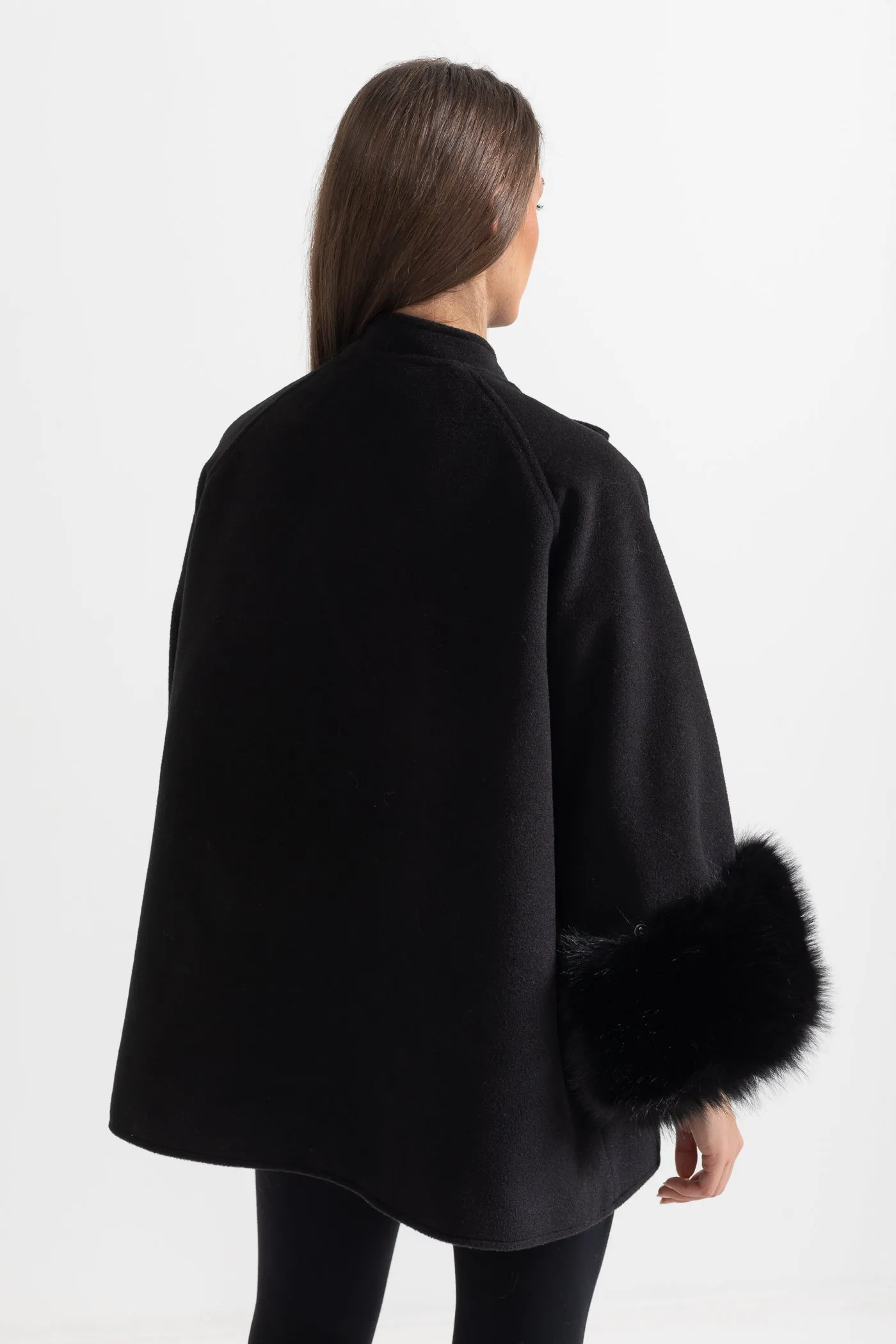 Double Breasted Overcoat With Fur Cuff Accents And Neckline Ribbon - Black