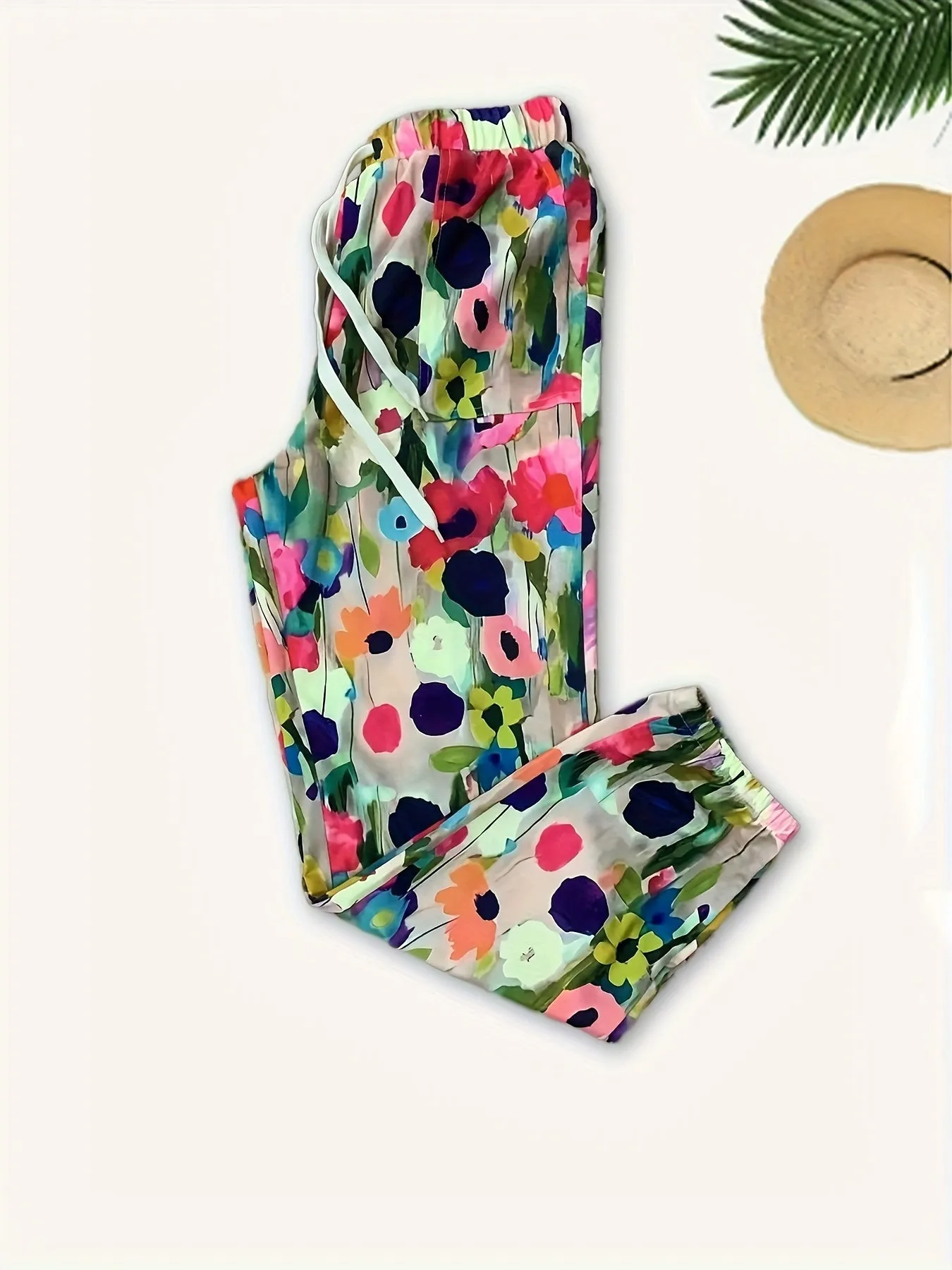 Floral Print Jogger Track Pants for Women - Casual Style with Pockets, Polyester Knit Fabric with Spandex Stretch, Comfortable Elastic Waistband, Suitable for Spring/Summer/Fall