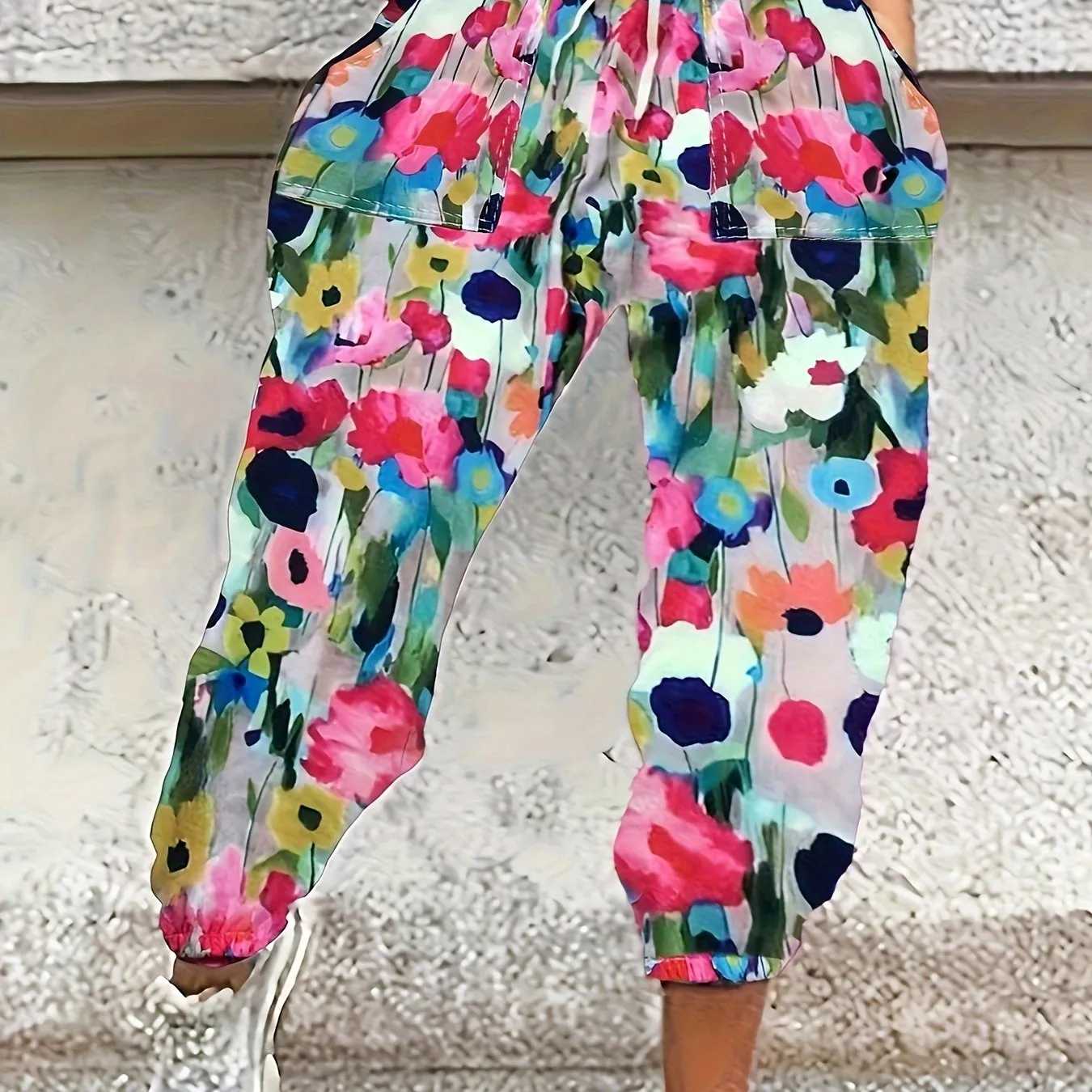 Floral Print Jogger Track Pants for Women - Casual Style with Pockets, Polyester Knit Fabric with Spandex Stretch, Comfortable Elastic Waistband, Suitable for Spring/Summer/Fall