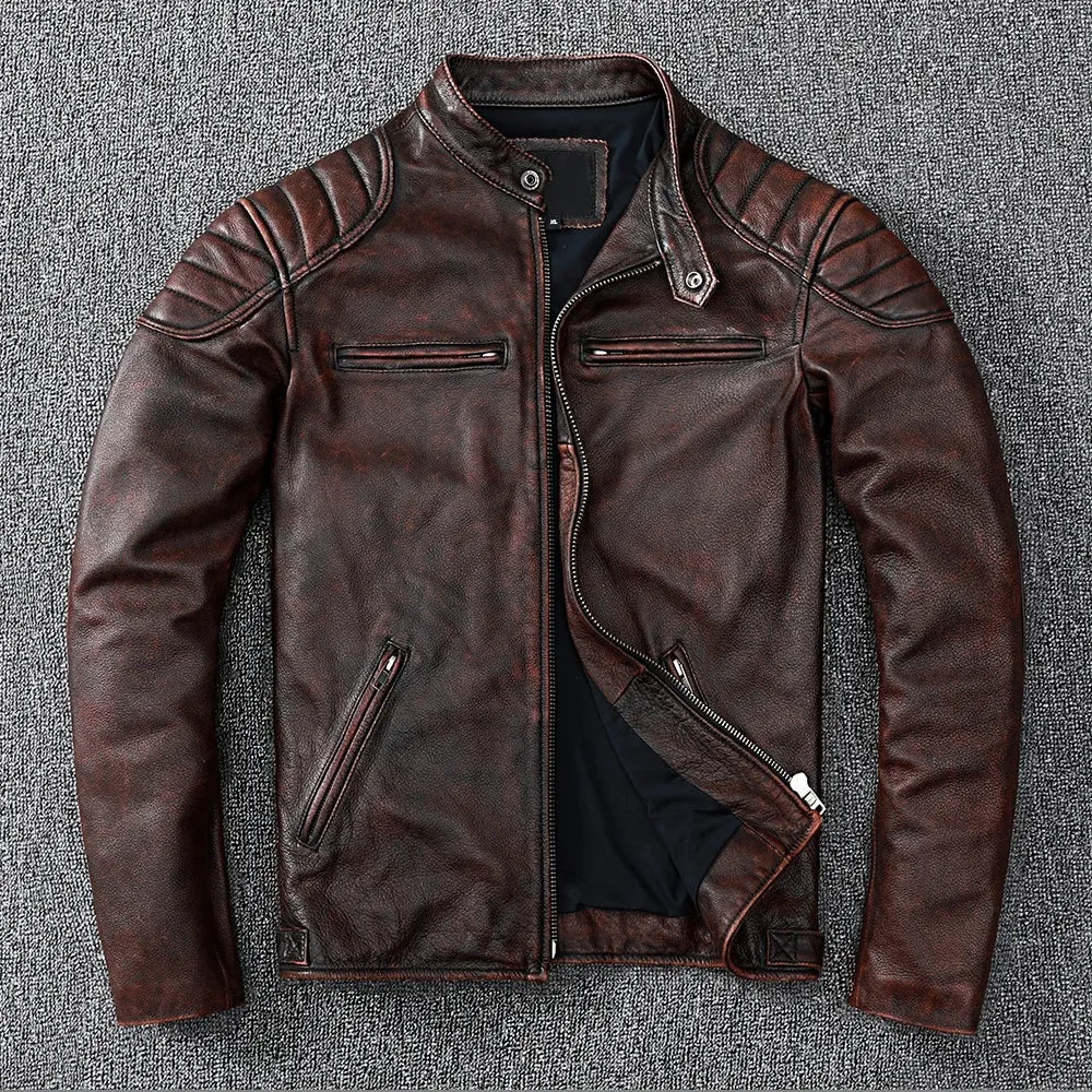 Genuine Leather Jacket Men Motorcycle Coat