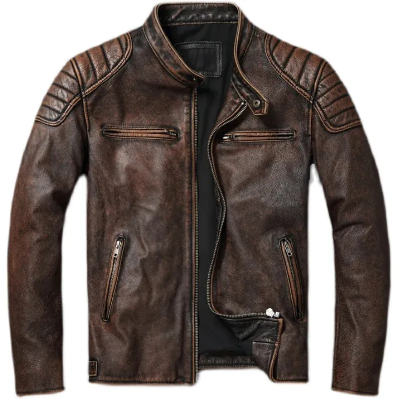 Genuine Leather Jacket Men Motorcycle Coat
