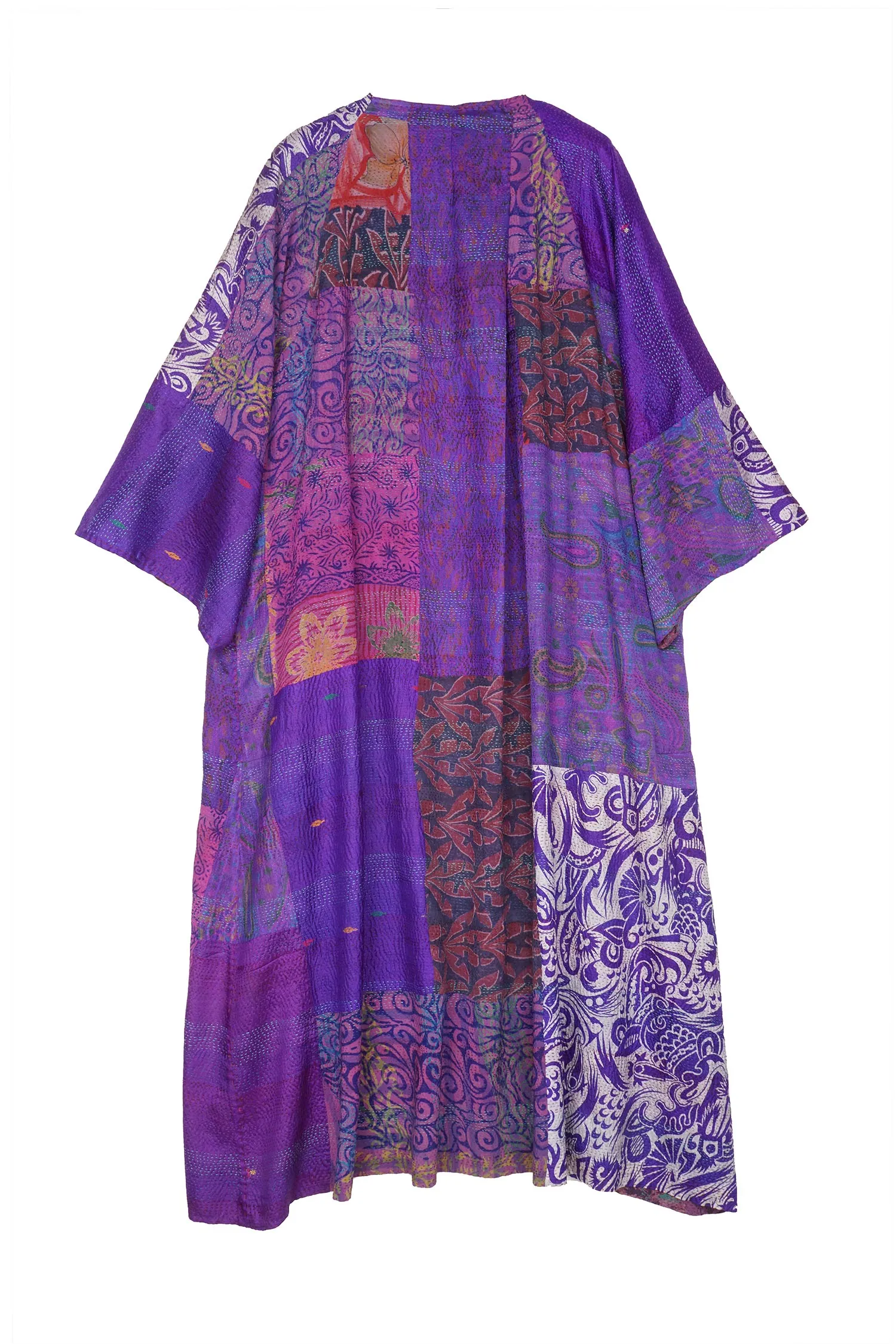GEORGETTE VINTAGE SILK PATCH KANTHA KIMONO MAXI - gs2318-prp -