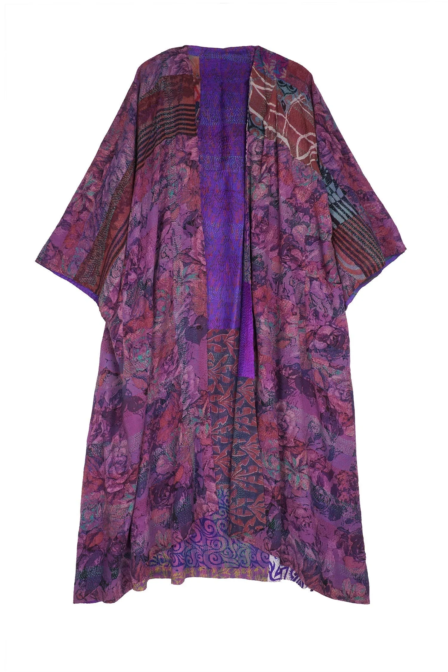 GEORGETTE VINTAGE SILK PATCH KANTHA KIMONO MAXI - gs2318-prp -