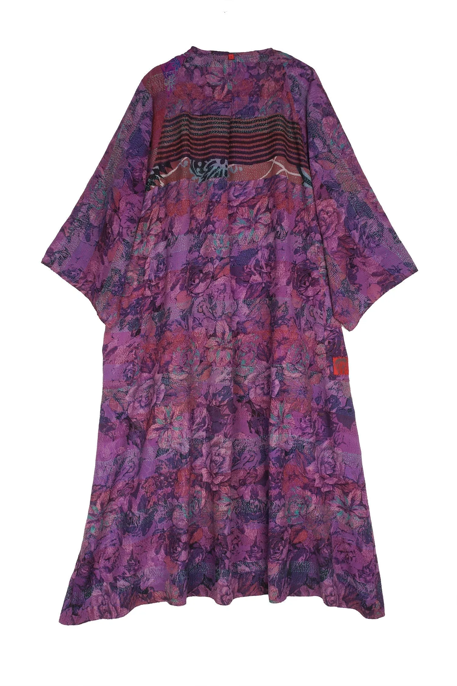 GEORGETTE VINTAGE SILK PATCH KANTHA KIMONO MAXI - gs2318-prp -