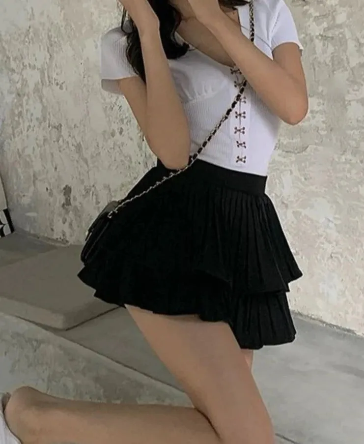 Girlary Woman Solid Y2K Pleated White Skirt 2024 Summer High Waist Layered Ruffles Mini Skirt Preppy Style Fashion Faldas Para Mujeres