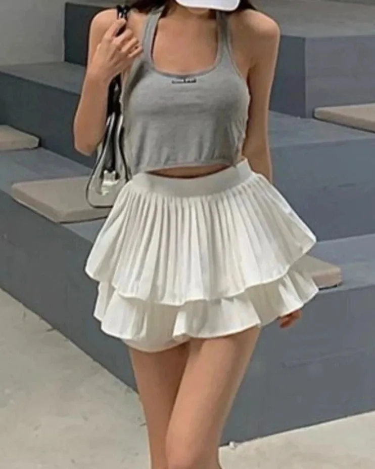 Girlary Woman Solid Y2K Pleated White Skirt 2024 Summer High Waist Layered Ruffles Mini Skirt Preppy Style Fashion Faldas Para Mujeres