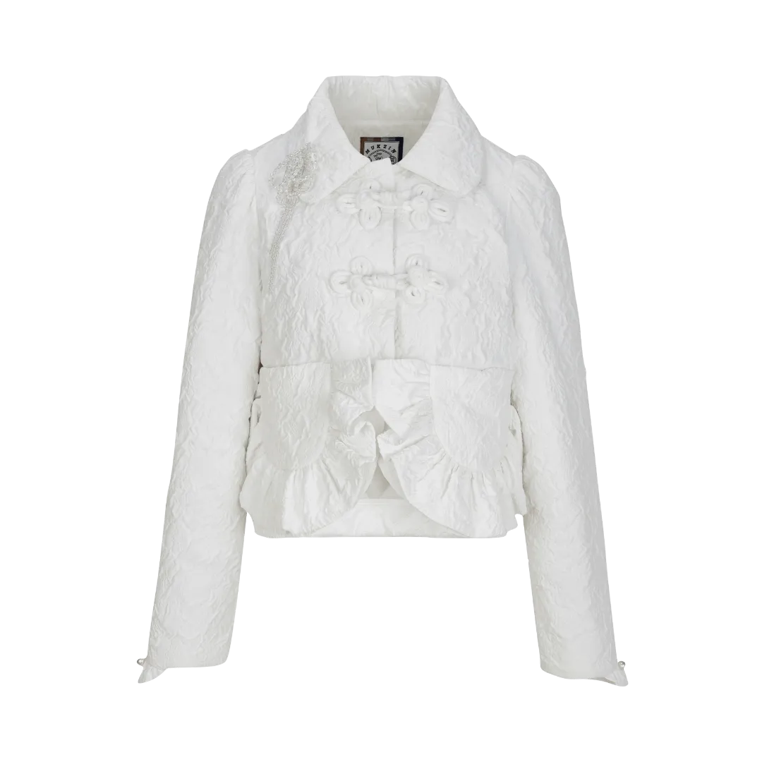 Mukzin | White Ruffle Buckle Cropped Coat