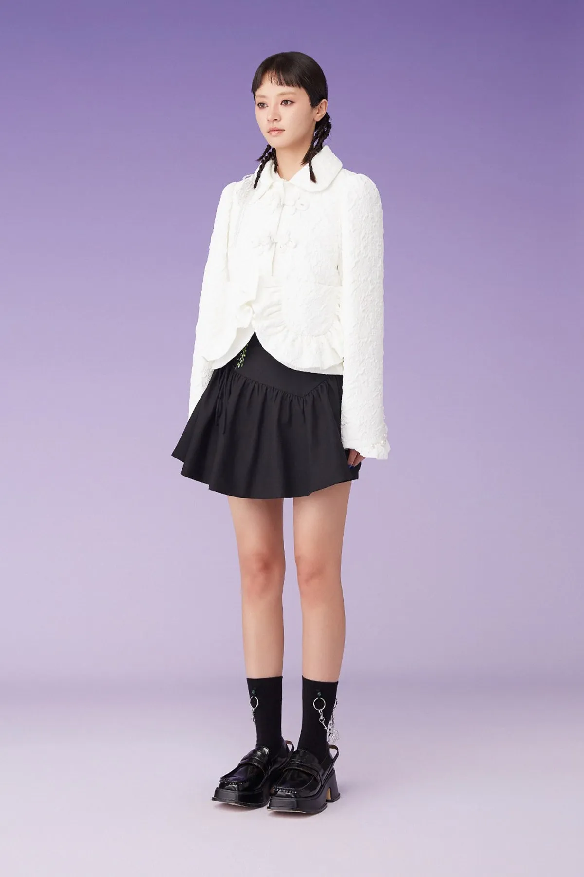 Mukzin | White Ruffle Buckle Cropped Coat