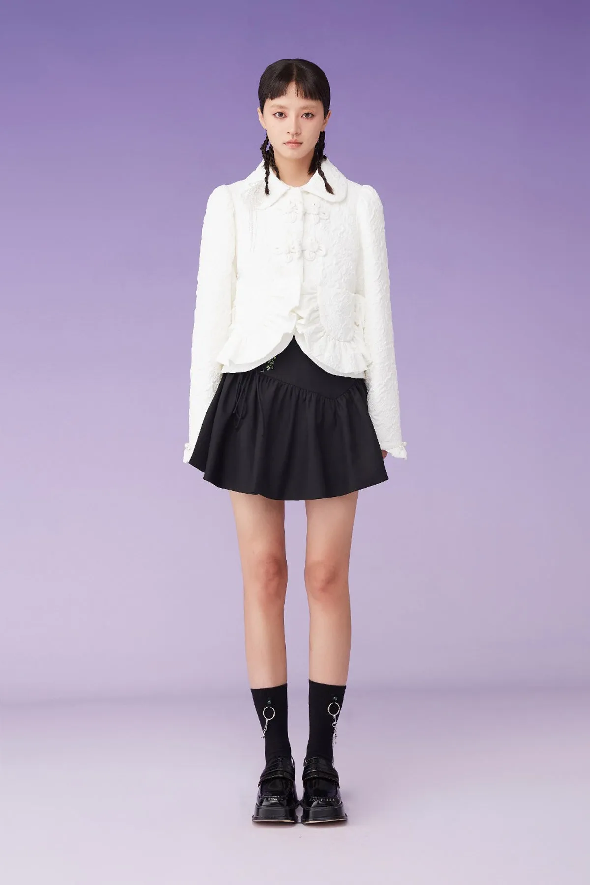 Mukzin | White Ruffle Buckle Cropped Coat