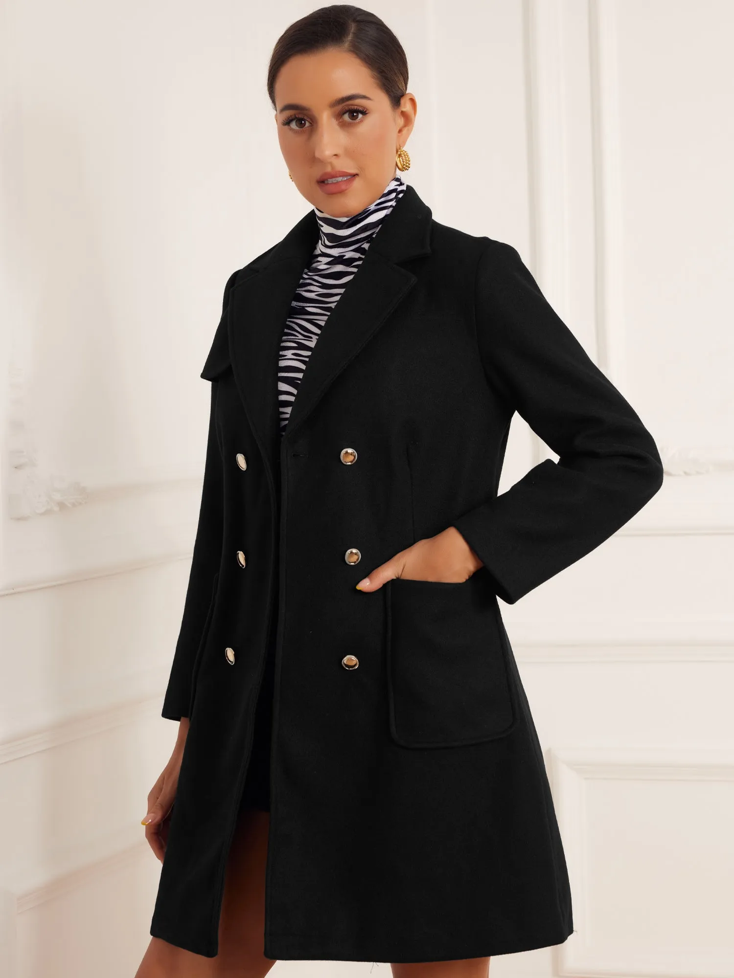 Notched Lapel Pockets Double Breasted Long Sleeve Pea Coat