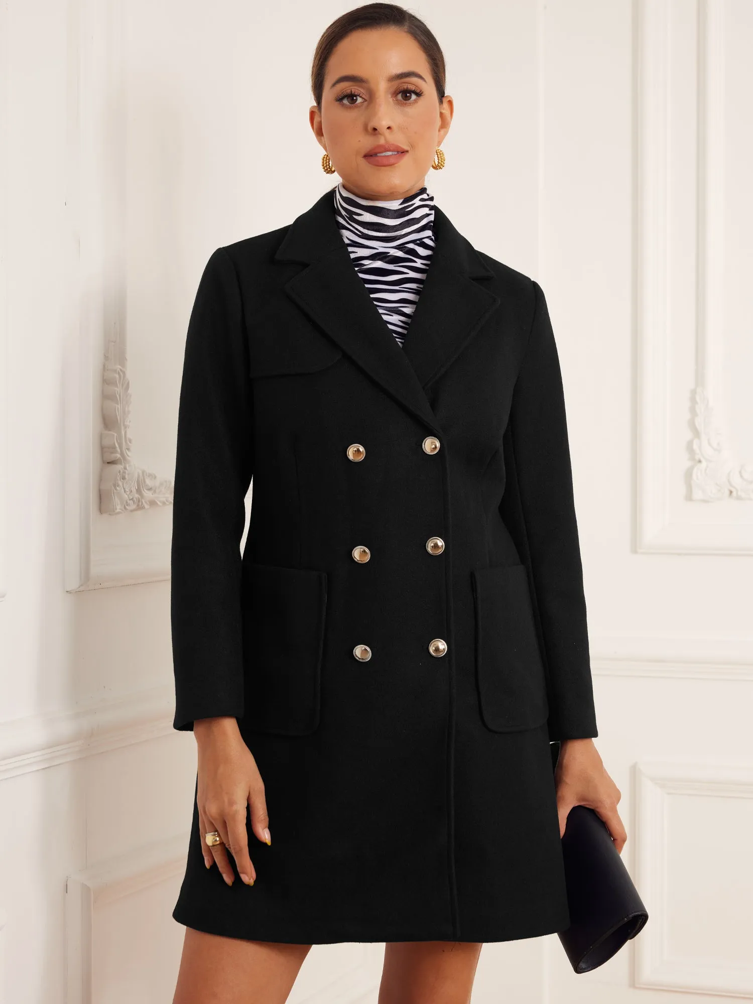 Notched Lapel Pockets Double Breasted Long Sleeve Pea Coat