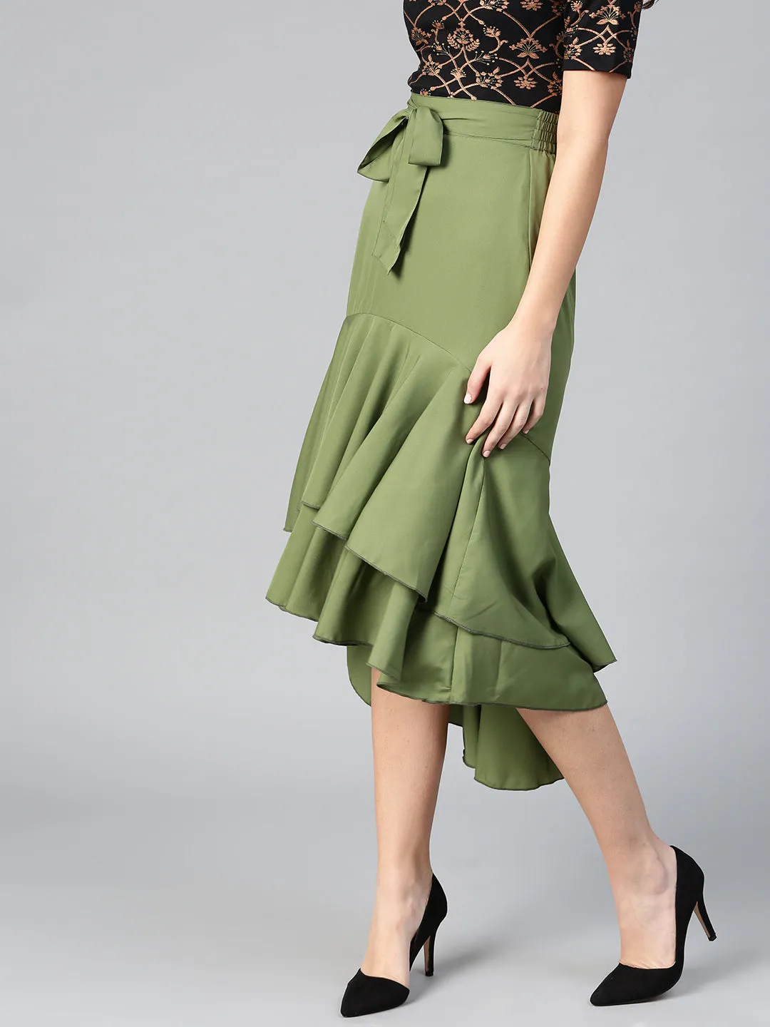 Olive Long Ruffle High Low Skirt (Sku-BLMG12804)