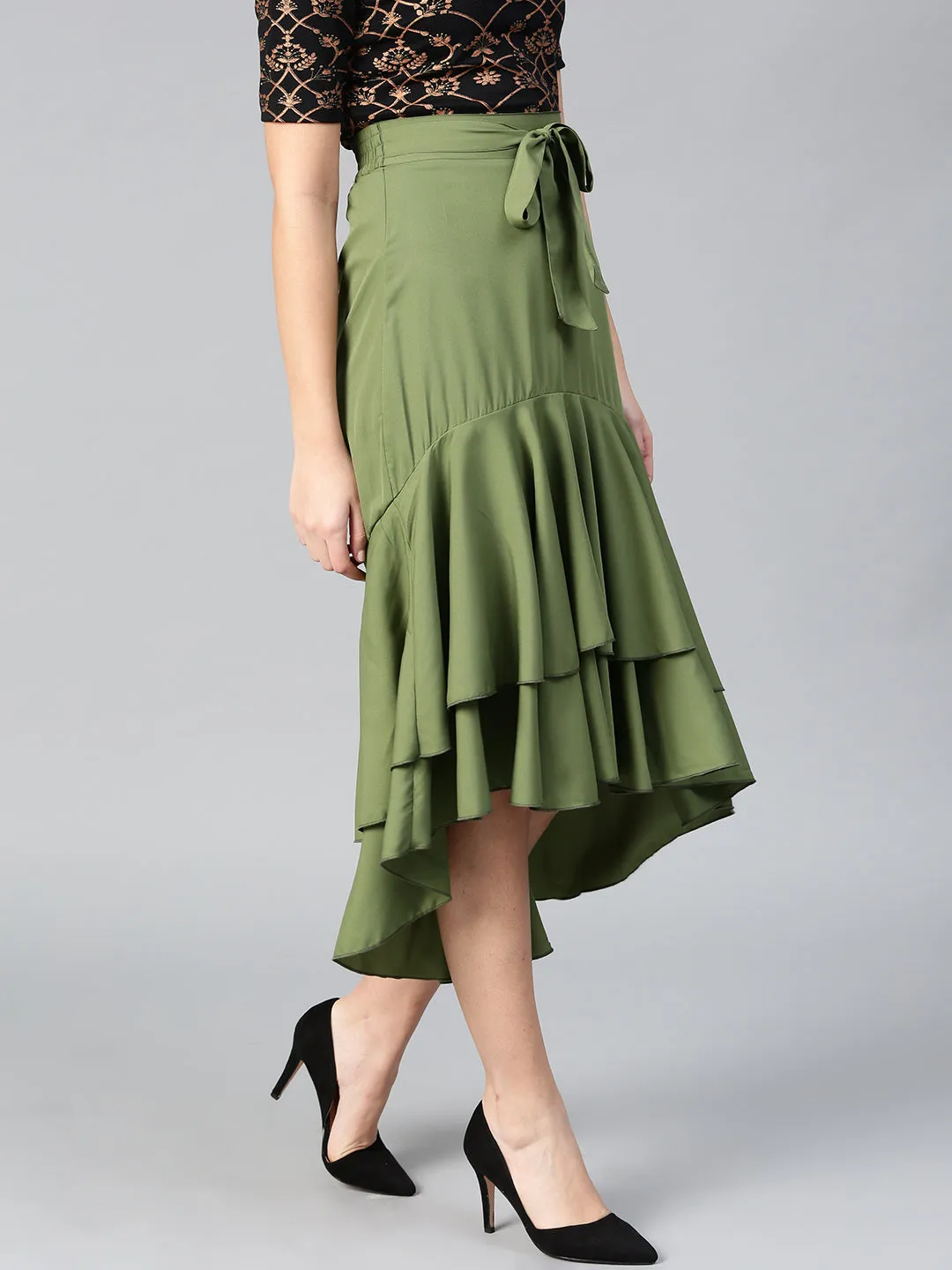 Olive Long Ruffle High Low Skirt (Sku-BLMG12804)